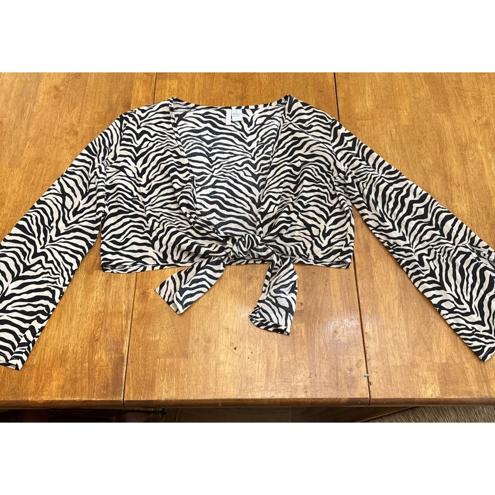 Sanctuary Tie Crop Top Zebra Print Long Bell Sleeve Light Weight Size Large